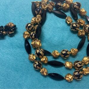 Vintage Deauville Elegant Black and Gold Beaded Necklace Set